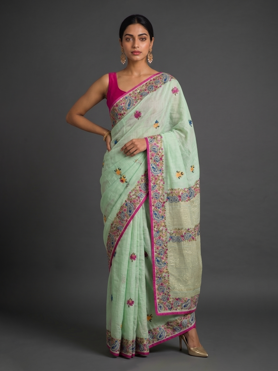 Green Punjab Cotton Phoolkari Embroidery