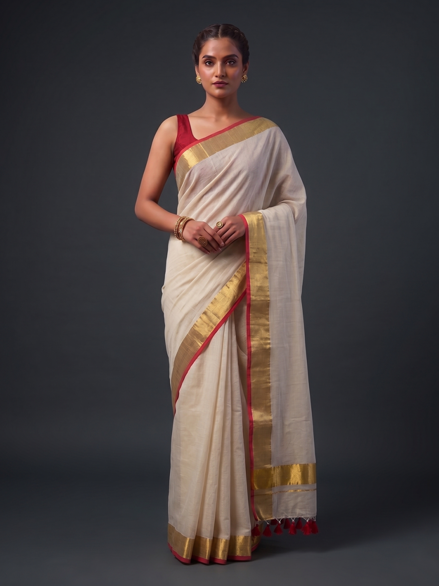 White with Gold Featherlight Bengal Mul Cotton
