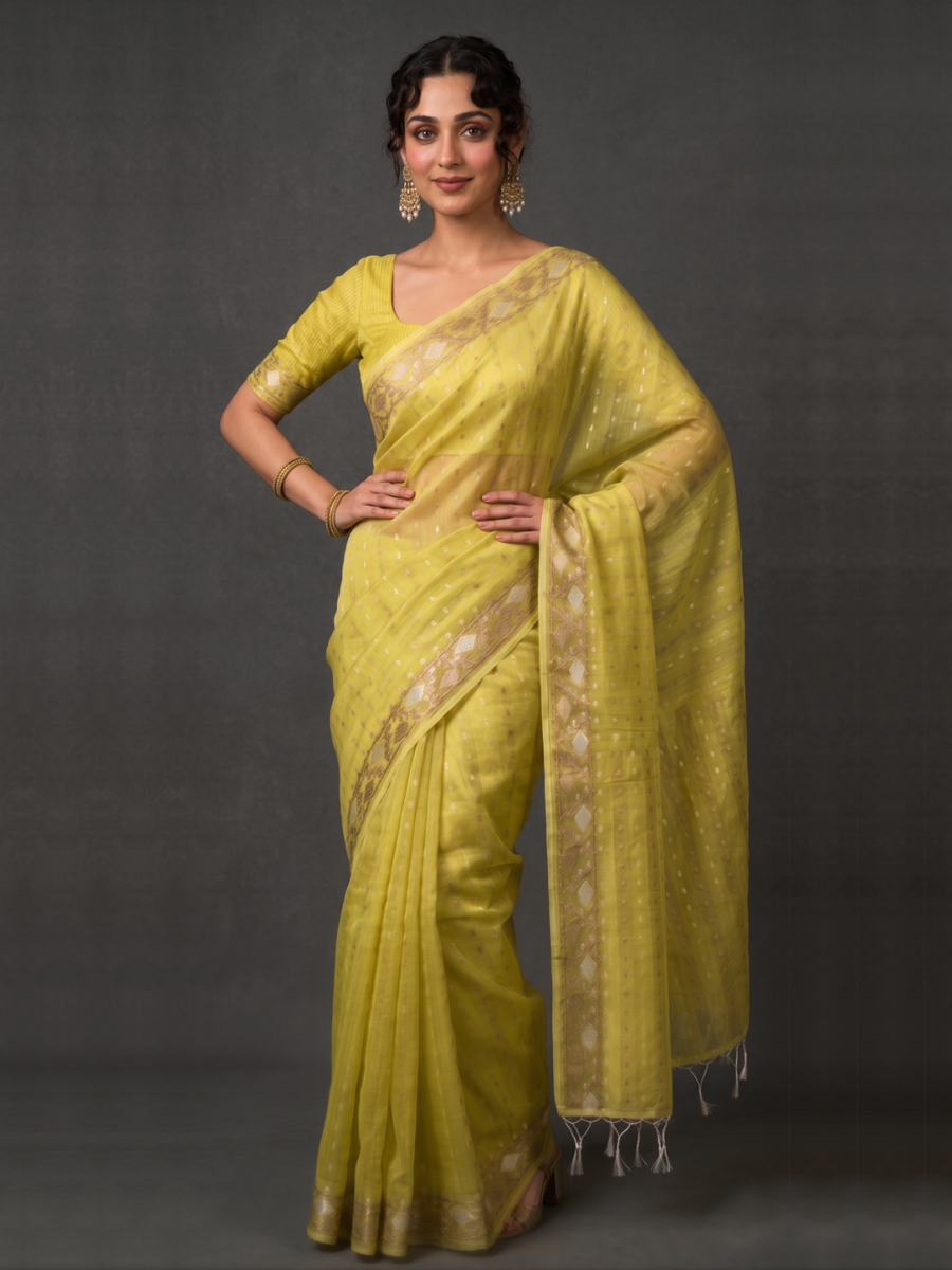 Yellow Bengal Muslin Jamdani Saree