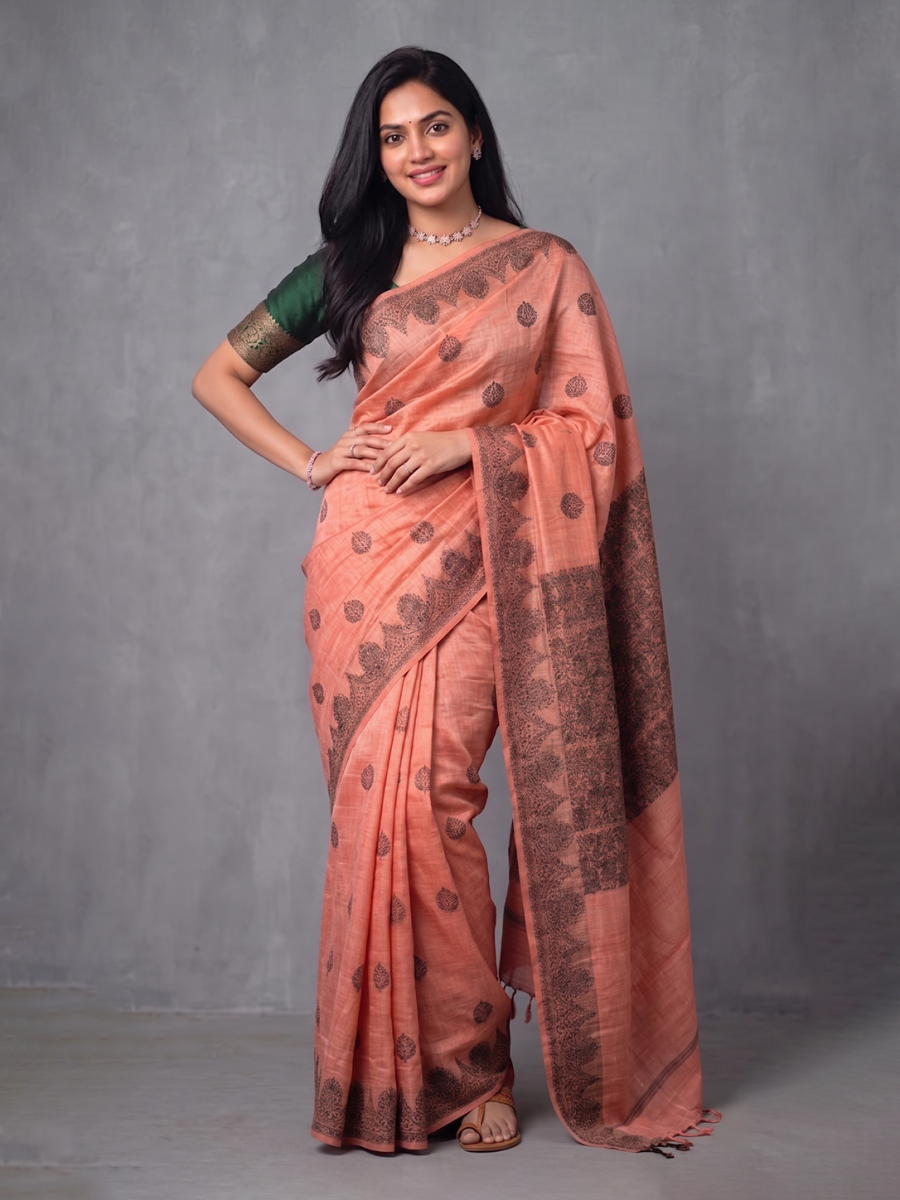 Peach Zari-woven Raw Silk Benarasi