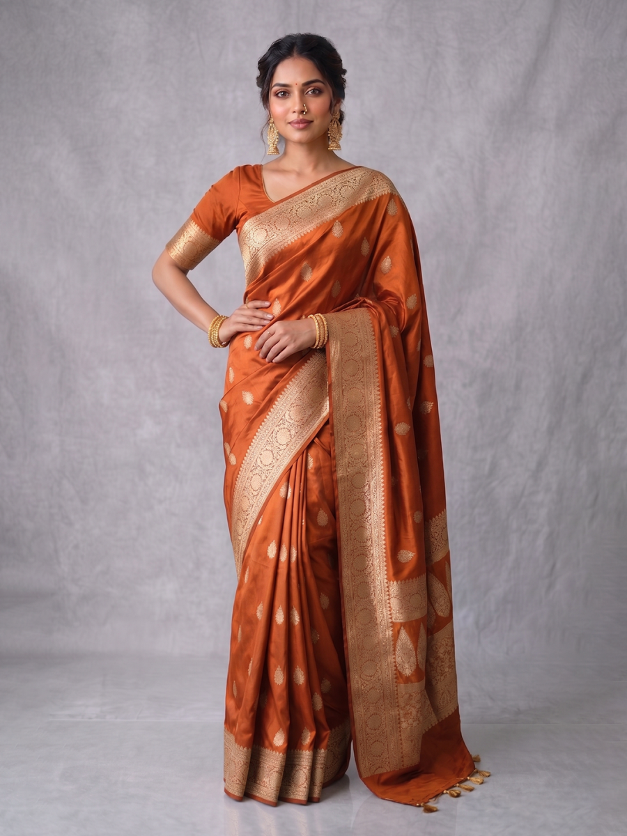 Deep Rust Zari-woven Satin Silk Benarasi