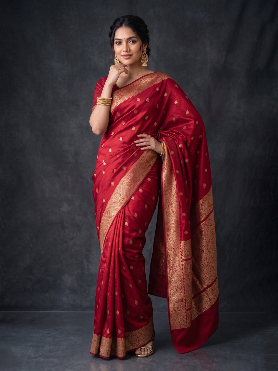 Maroon Zari-woven Satin Silk Benarasi