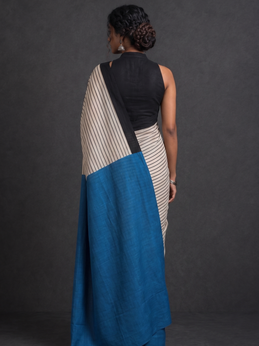 Bengal-Bishnupur Black with Blue Hand-Block Silk