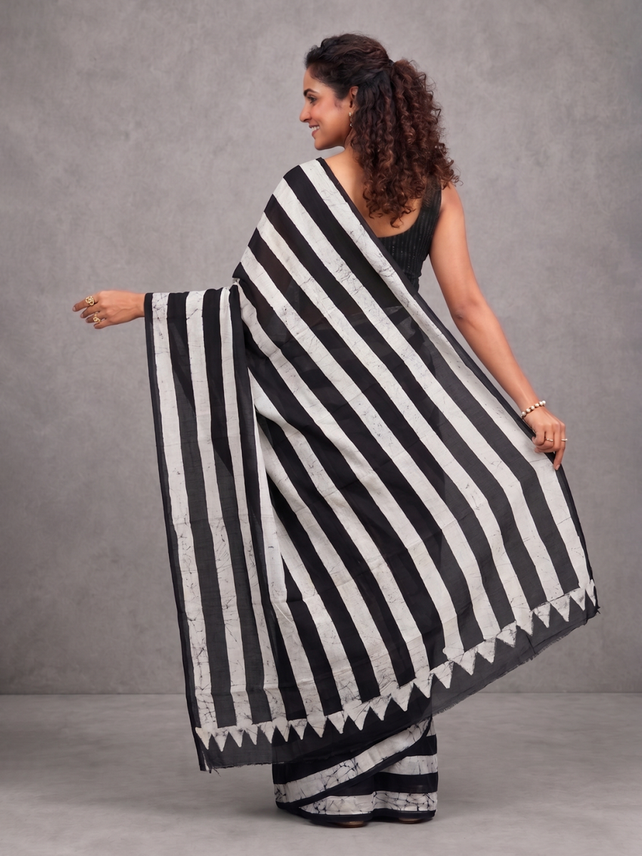 Bengal-Bishnupur Black and White Hand-Block Silk