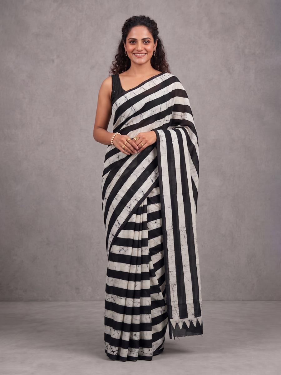 Bengal-Bishnupur Black and White Hand-Block Silk