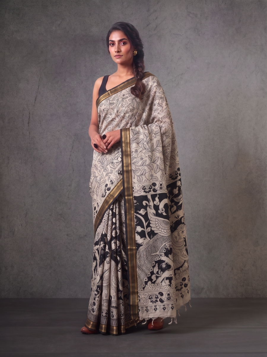 Black & White Bengal Silk Cotton Kalamkari