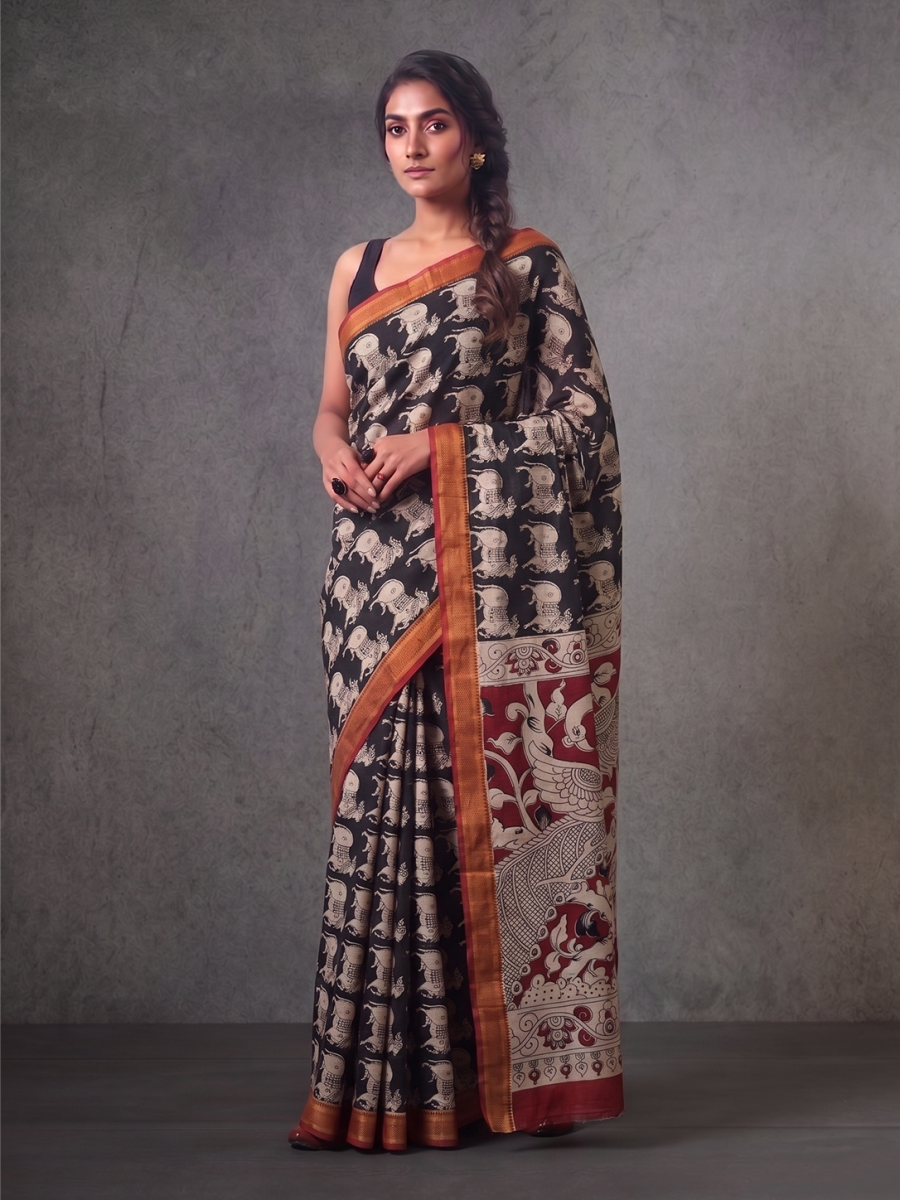 Black & Orange Bengal Silk Cotton Kalamkari