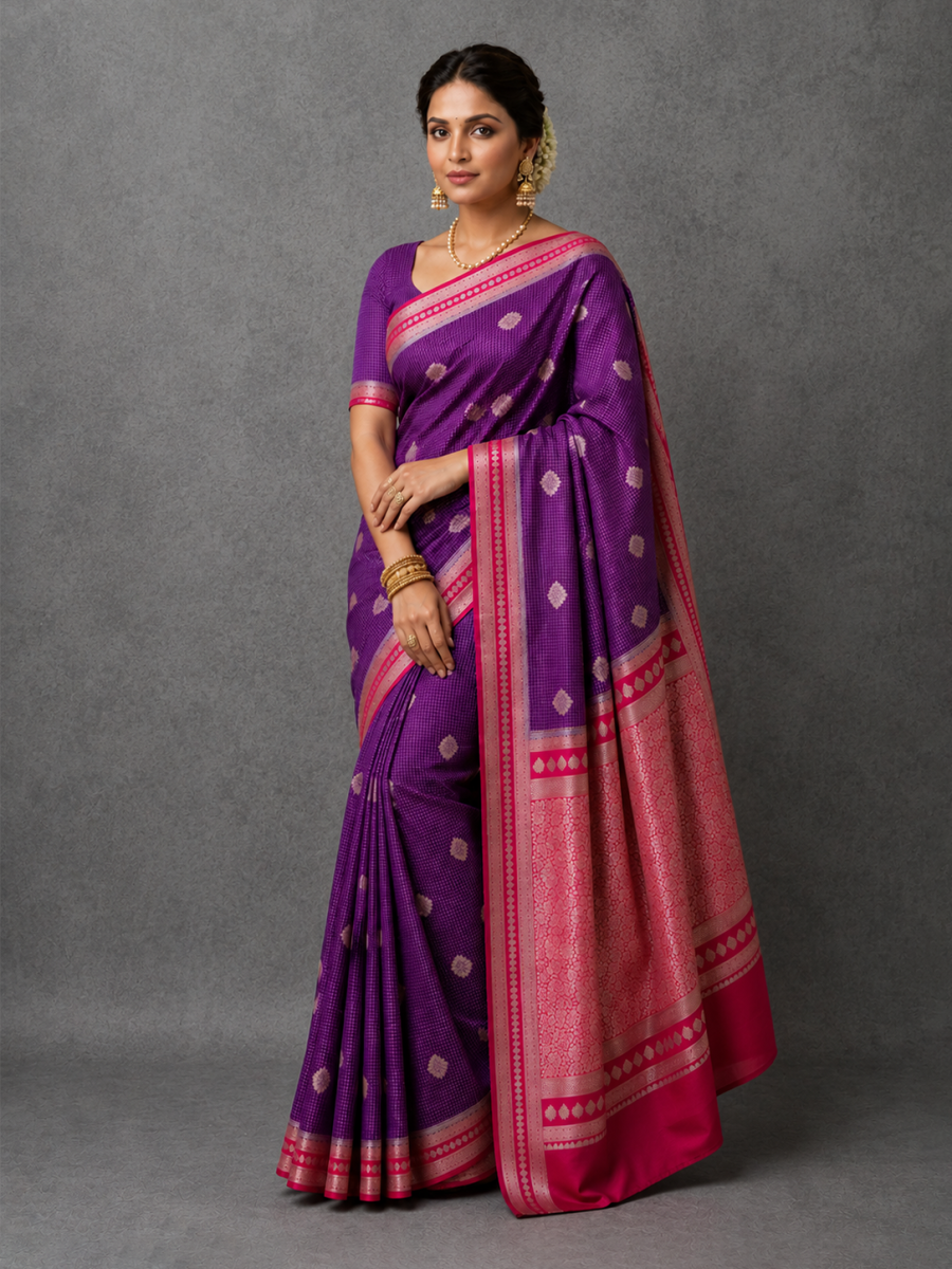Purple Fine Checks Mysore Silk