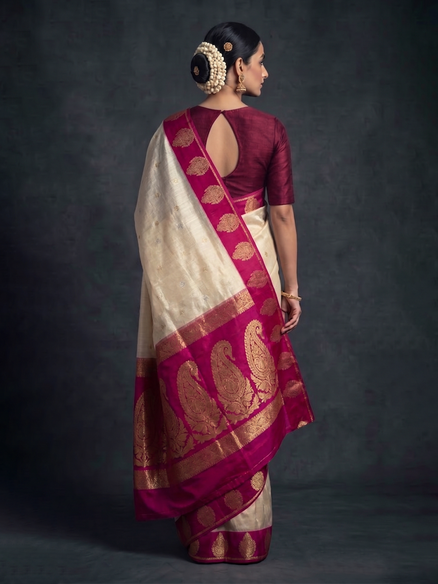 White with Pink Zari-woven Mysore Silk