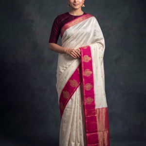 White with Pink Zari-woven Mysore Silk