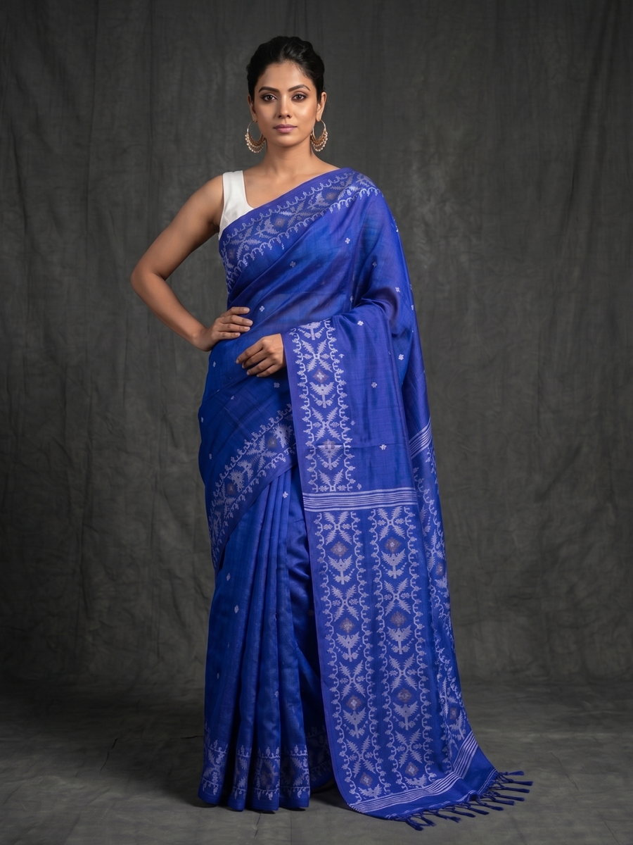 Blue Hand-woven Bengal Tussar Jamdani