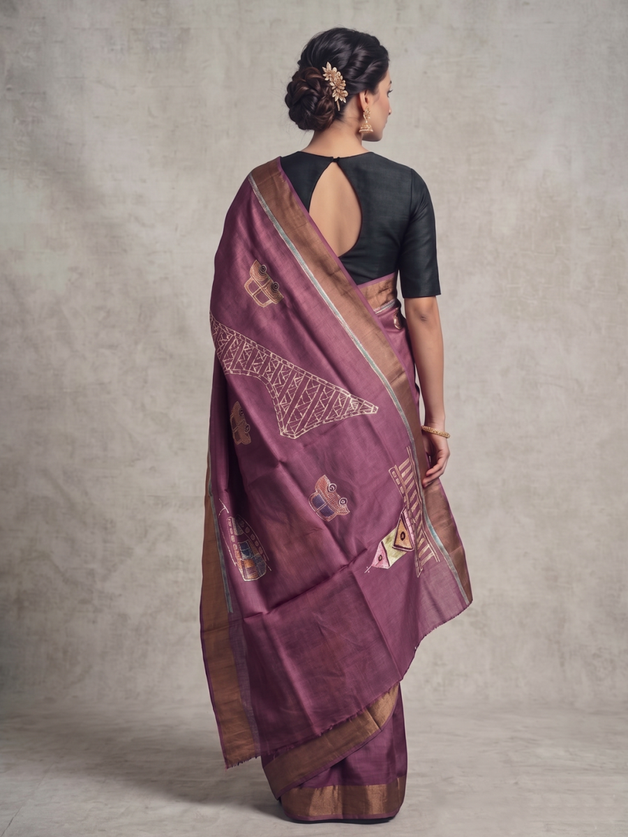 Purple Kantha Embroidery Tussar Silk